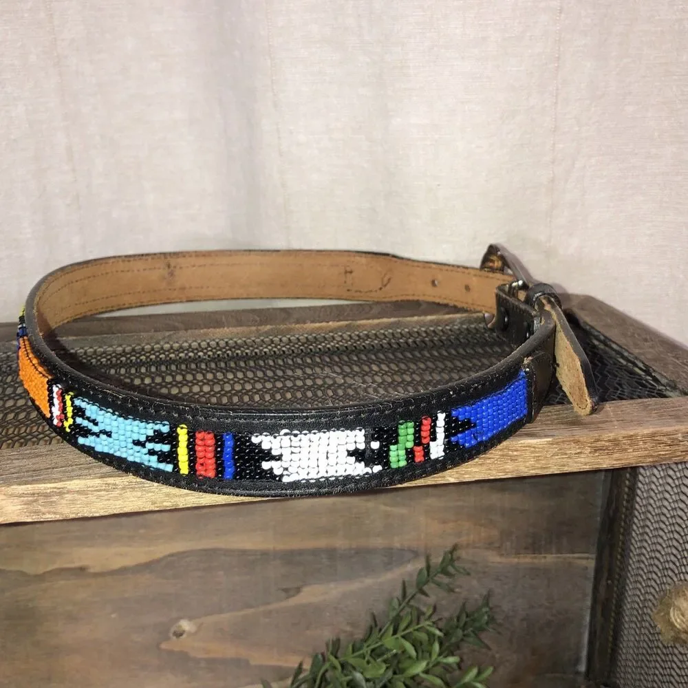 Vintage Justin’s Leather Belt Child 513BK Southwest Beaded Seed Bead 26 in USA